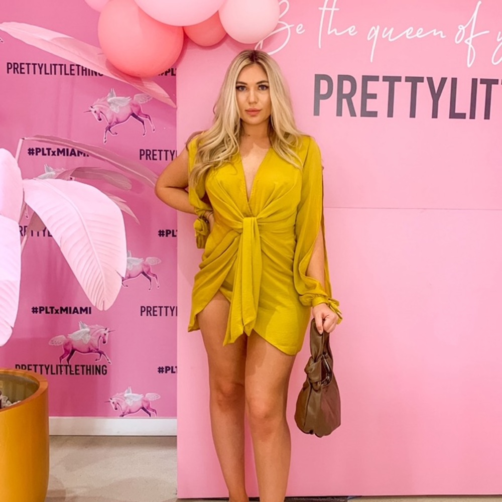 ✨Sexy yellow wrap slit dress pretty little thing